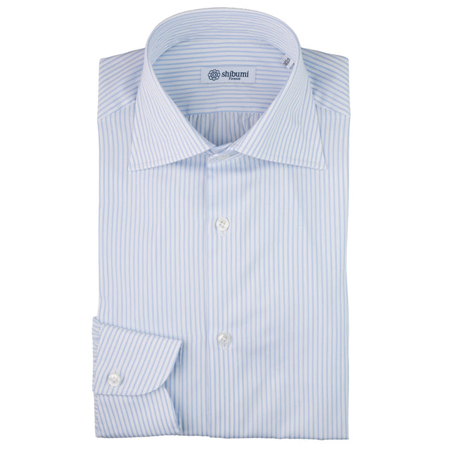 Poplin Semi Spread Shirt - White / Light Blue - Small Stripe