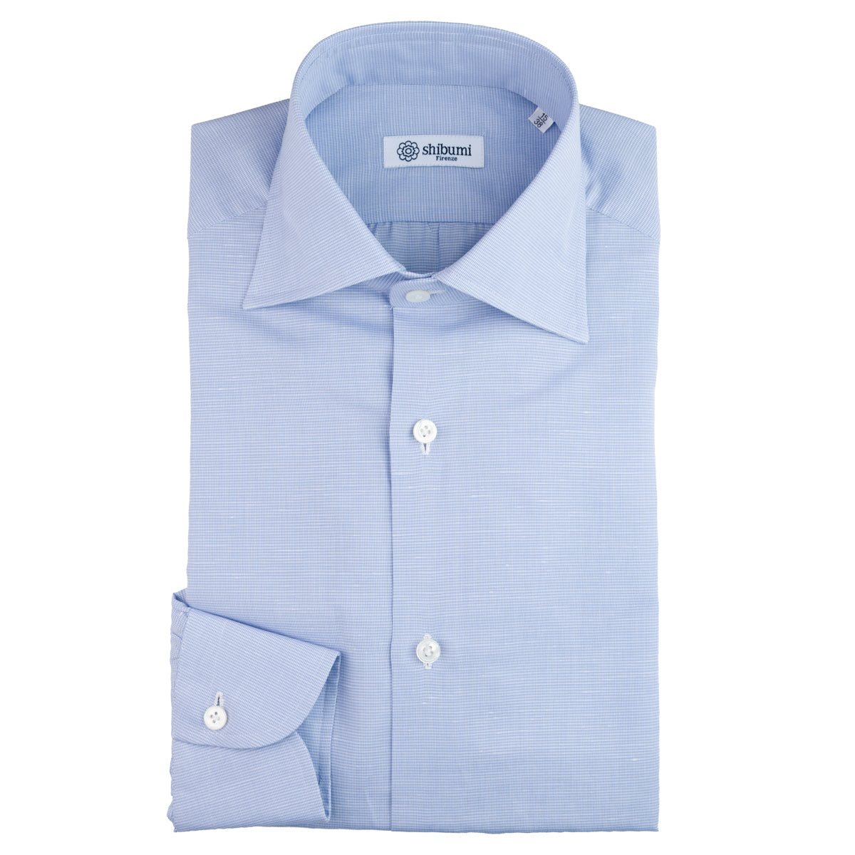 Cotton/Linen Semi Spread Shirt - Light Blue - Houndstooth
