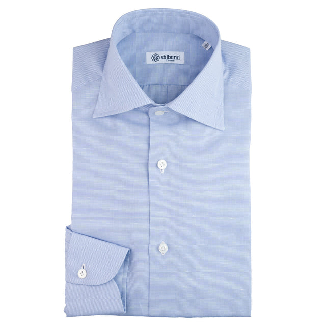 Cotton/Linen Semi Spread Shirt - Light Blue - Houndstooth