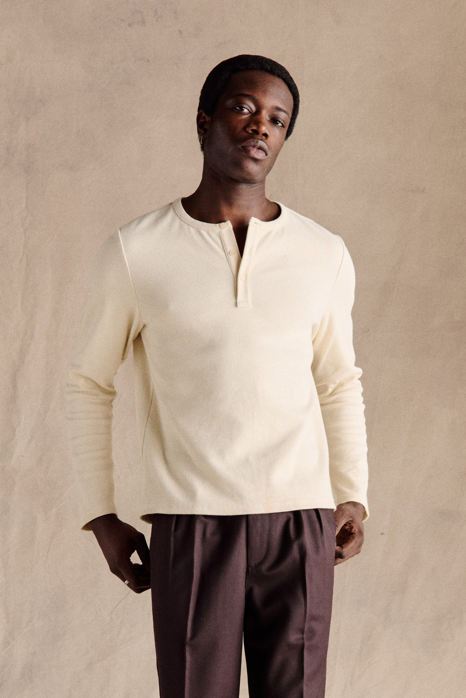 Ribbed Henley Shirt Beige