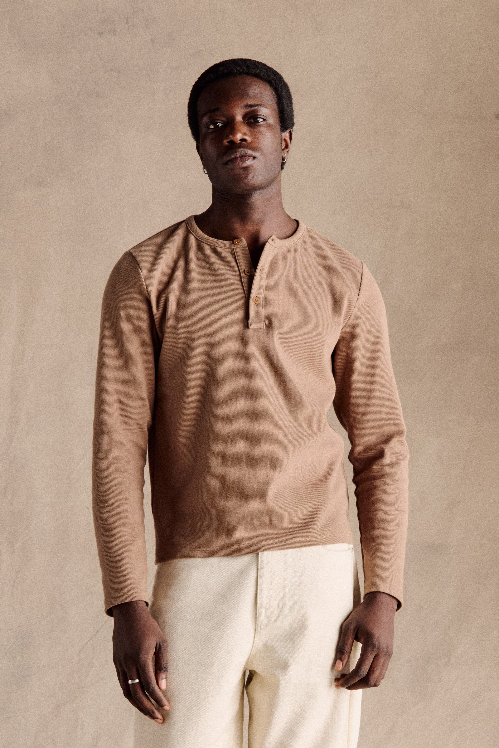Ribbed Henley Shirt Light Brown