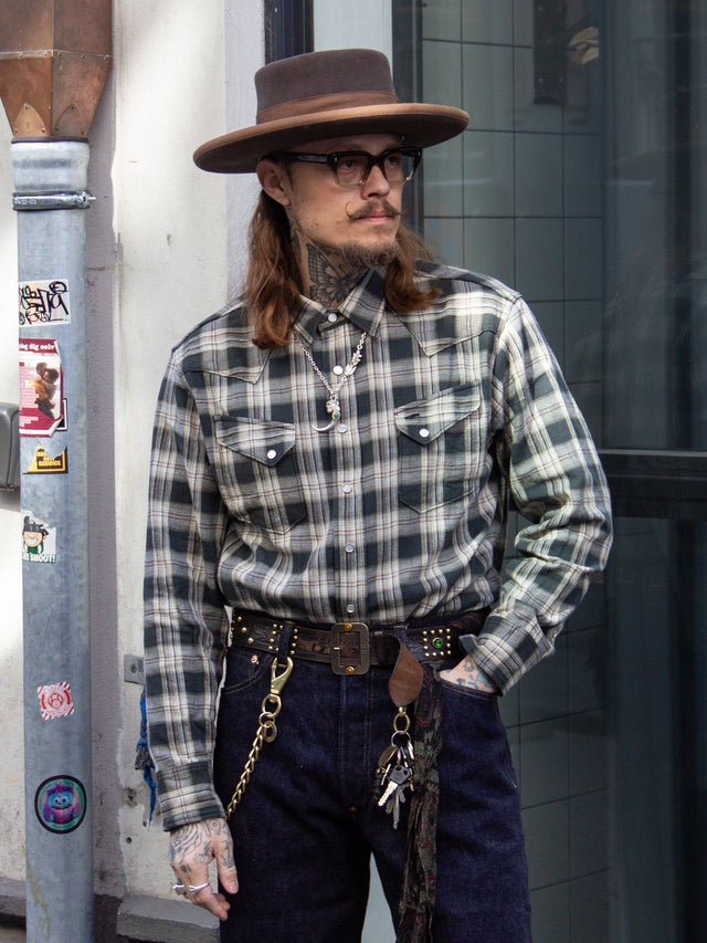 Sugar Cane, Washer Herringbone Check Western Shirt, Lot no. SC29687, Black