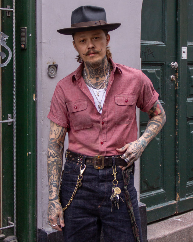 Sugar Cane, Red Chambray Work Shirt (Short Sleeve), SC39703