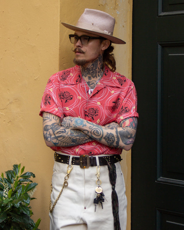 Sun Surf, Rayon Hawaiian Shirt “Dragon Grid”, Lot No. SS39617, Red
