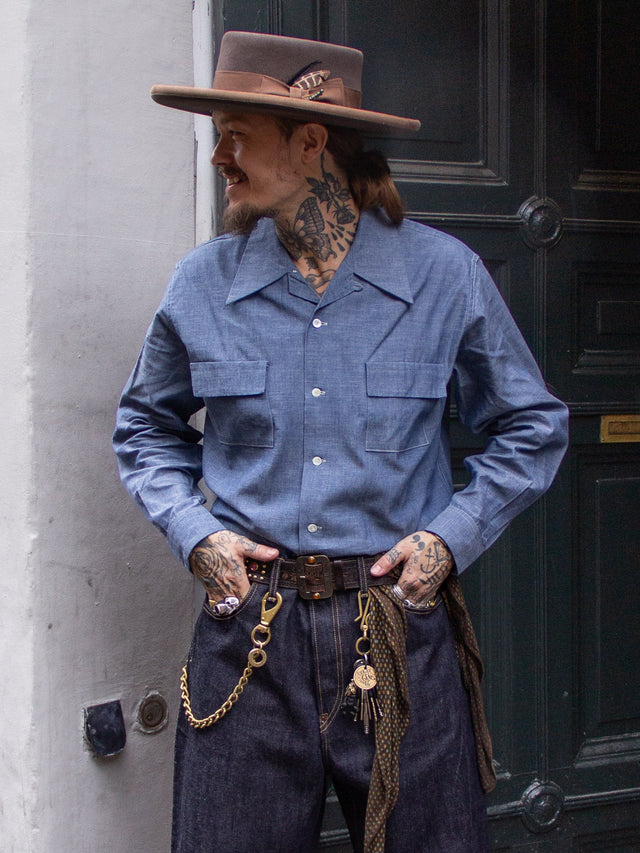 Belafonte Ragtime Clothing, BF23-43 Open Collar Square Flap Pocket Shirt, Blue Chambray