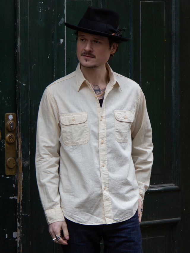 Sugar Cane, L/S Work Shirt, White Chambray, SC27851