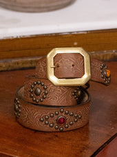 Bandits Golden Belts, Embossed Jewelled Belt, Light Brown
