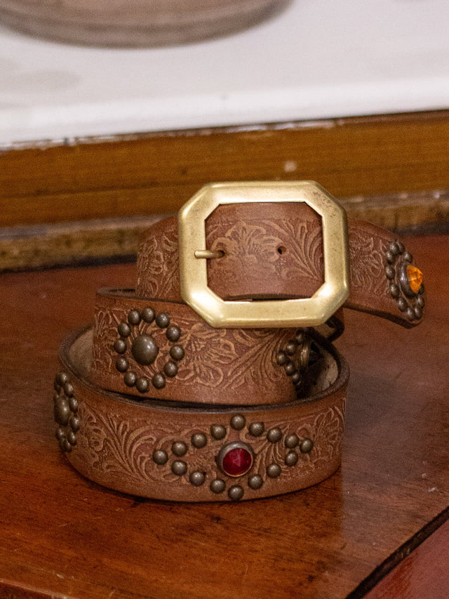 Bandits Golden Belts, Embossed Jewelled Belt, Light Brown