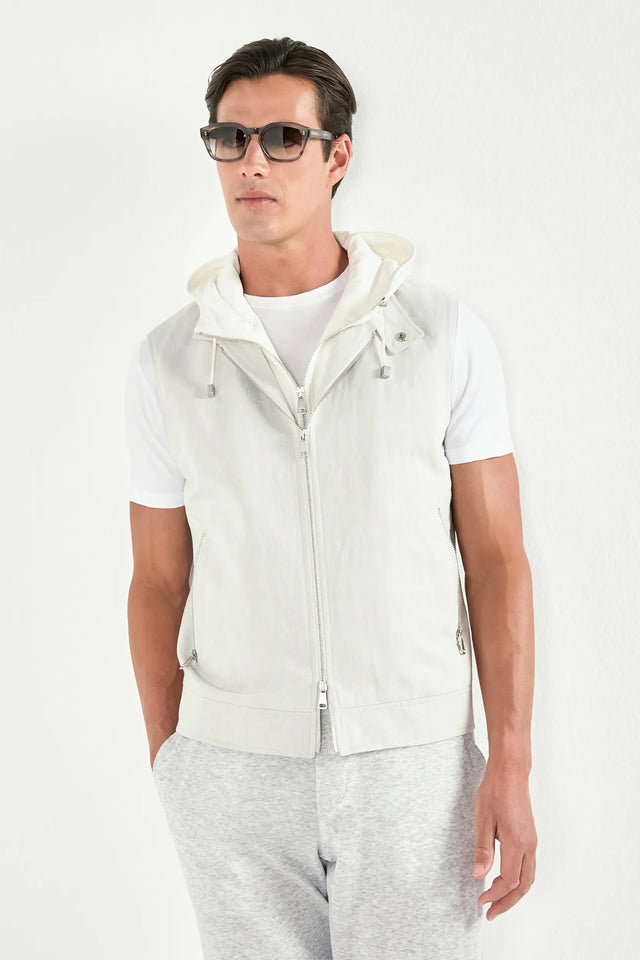 Ice grey linen and cotton hooded vest - Made in Italy