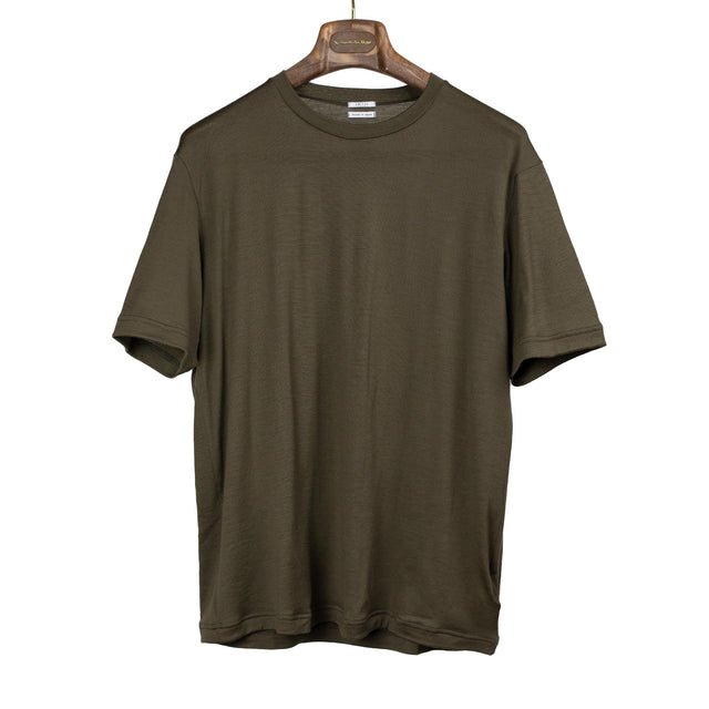 Short sleeve t-shirt in olive washable wool jersey