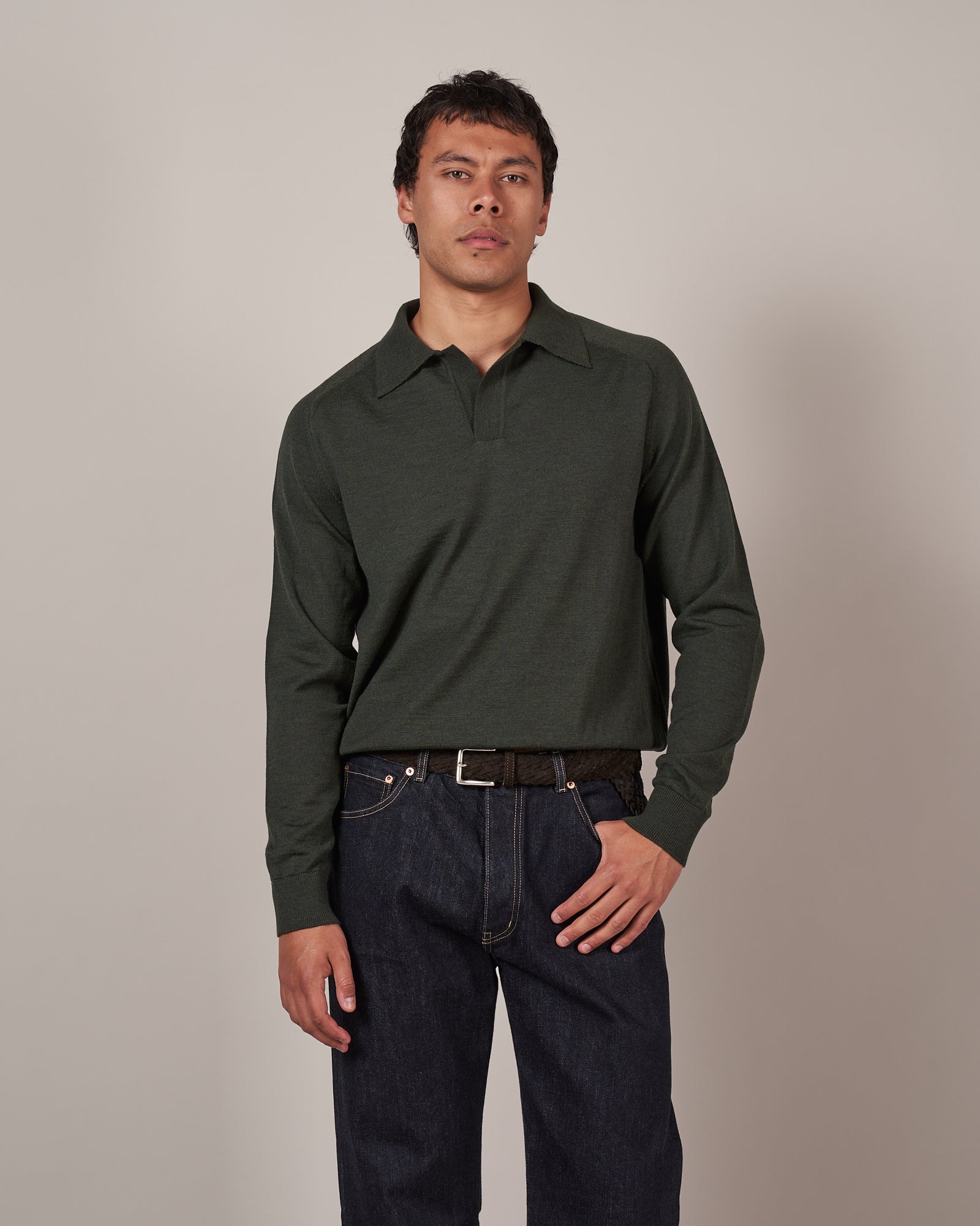 Kn60 Long Sleeve Knit Polo Dark Green