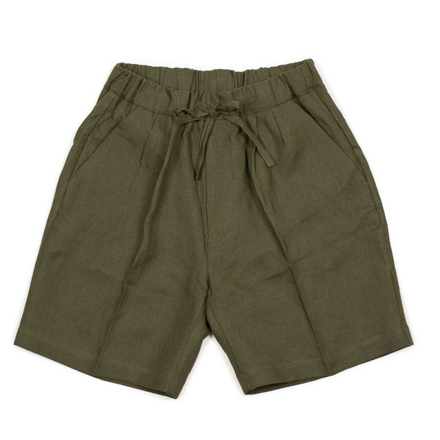 Pleated drawstring shorts in olive midweight linen
