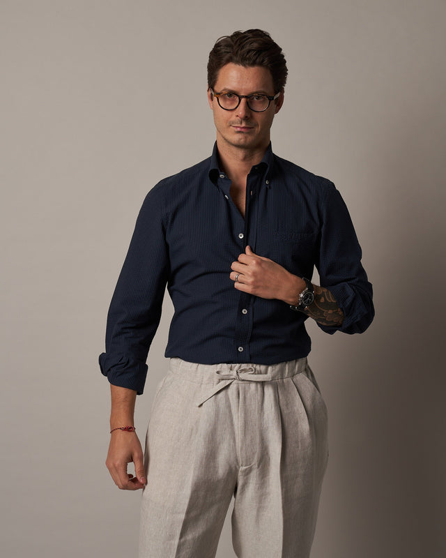 SH01 Button Down Shirt - Navy Seersucker