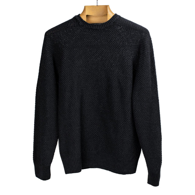 All-over moss stitch crewneck sweater in black linen