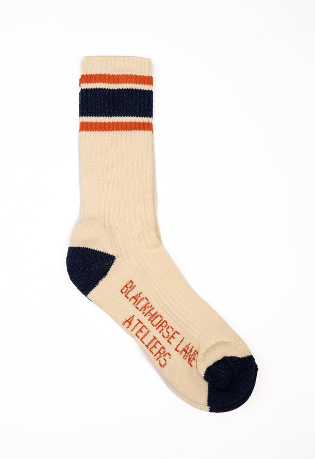 BLA x Ivy Ellis - 'Atelier' Men's Crew Length Indigo / Tobacco Stripe Socks