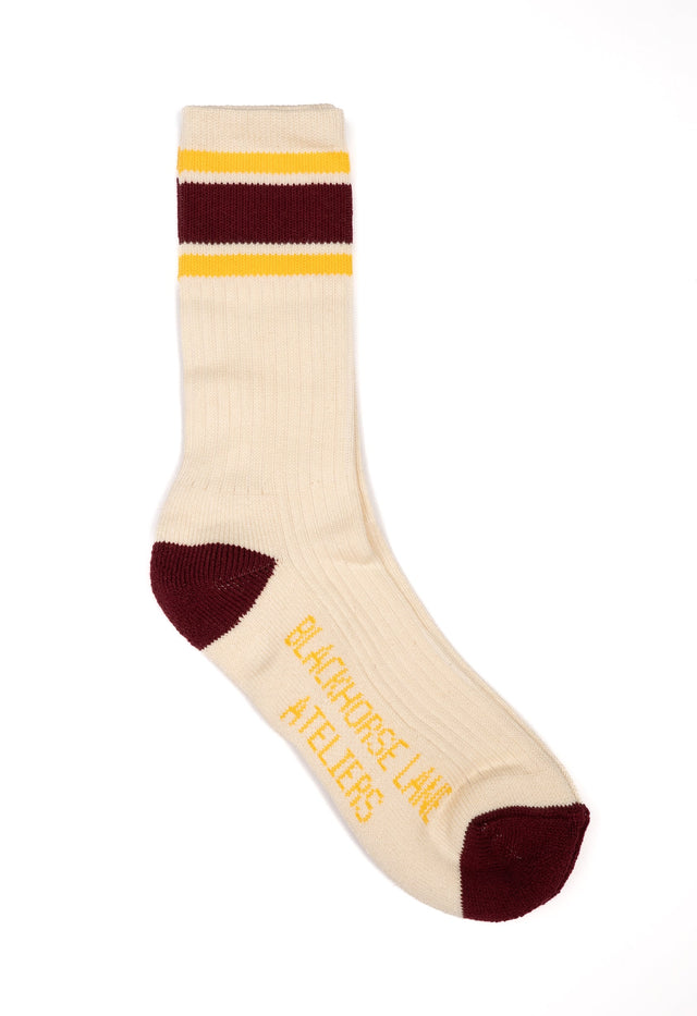 BLA x Ivy Ellis - 'Walthamstow' Men's Crew Length Burgundy / Yellow Stripe Socks