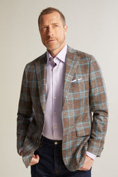 Brown and Teal Silk and Linen Blend Plaid Jacket