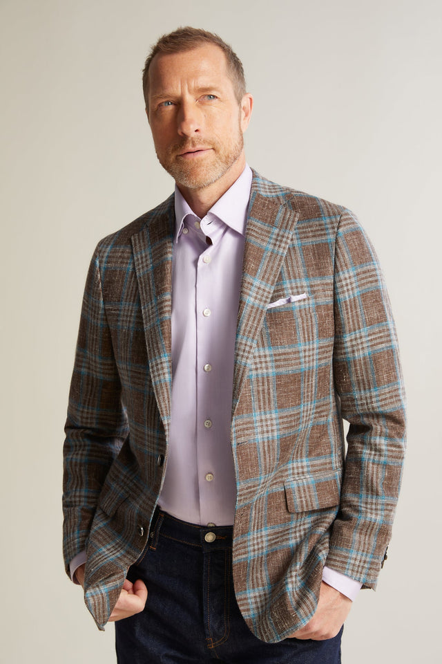 Brown and Teal Silk and Linen Blend Plaid Jacket