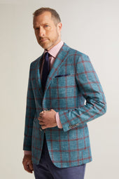 Teal Silk and Linen Blend Windowpane Jacket