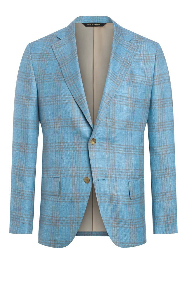 Light Blue Wool, Silk and Linen Blend Plaid Jacket