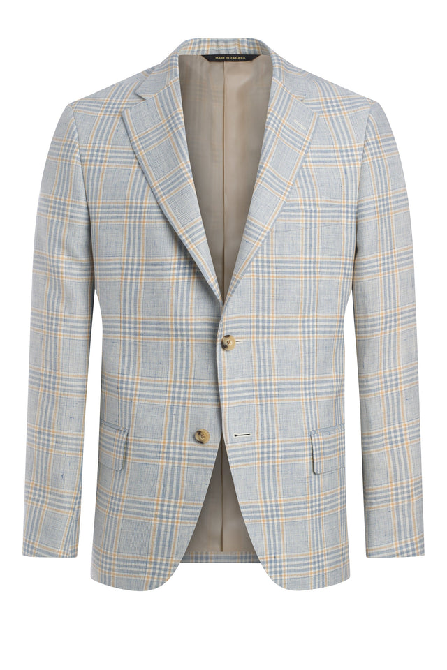 Light Blue Linen, Wool Glen Plaid Jacket