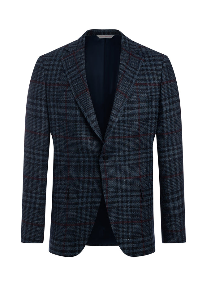 Blue Wool, Silk and Linen Plaid Jacket