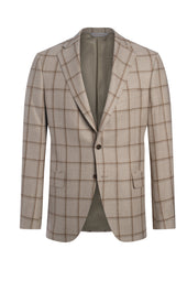 Beige Wool, Silk and Linen Flannel Windowpane Jacket