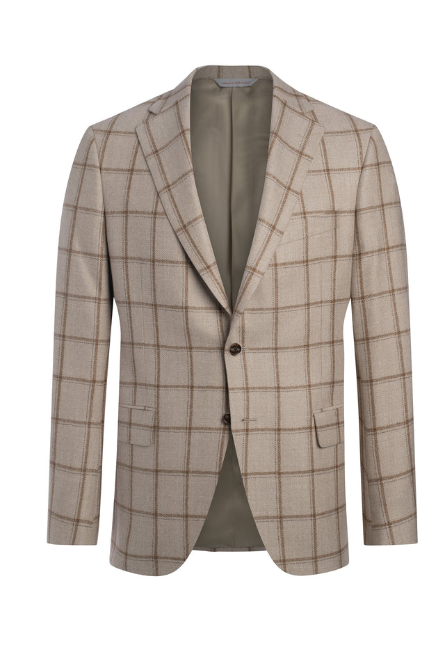 Beige Wool, Silk and Linen Flannel Windowpane Jacket