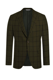 Olive Wool, Silk and Linen Flannel Windowpane Jacket