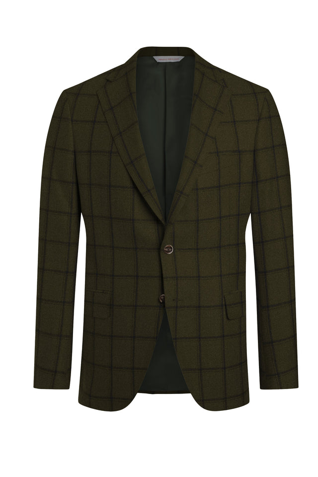 Olive Wool, Silk and Linen Flannel Windowpane Jacket