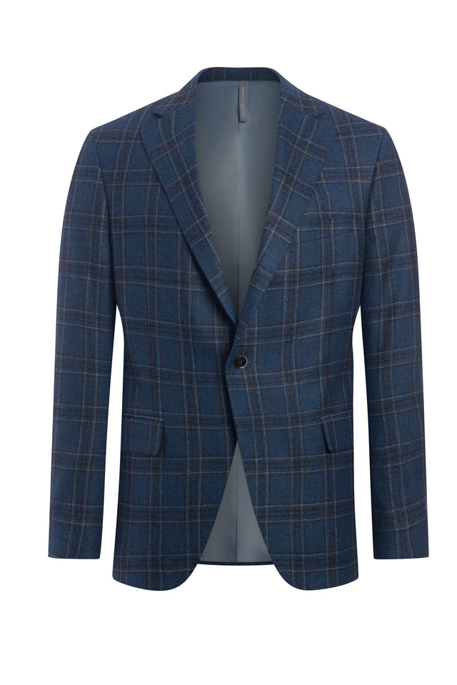 Blue Wool, Silk and Linen Textured Plaid Jacket