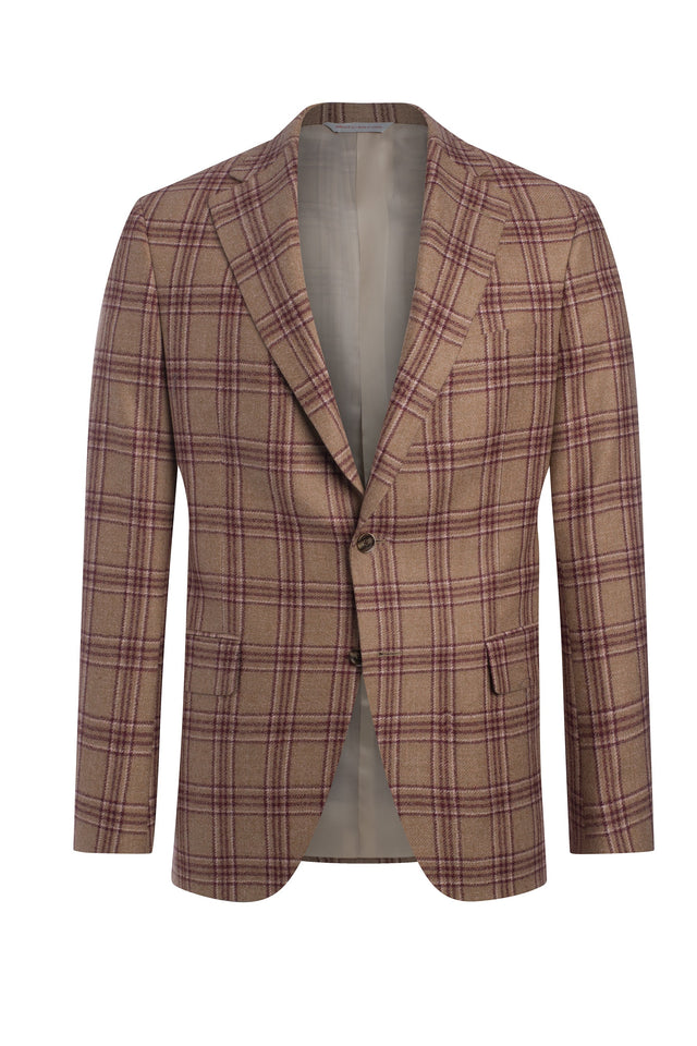 Tan Wool, Silk and Linen Textured Plaid Jacket