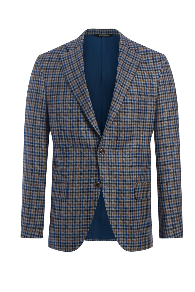 Light Blue Wool, Silk, Linen Flannel Check Jacket
