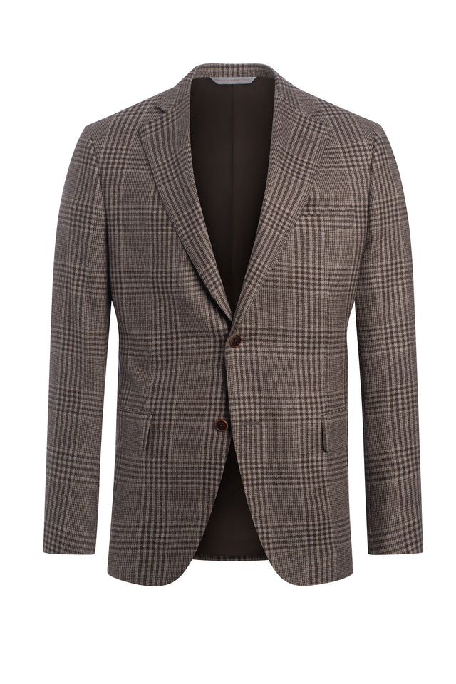 Brown Wool Blend Carded Plaid Jacket