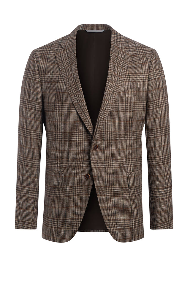 Brown Cotton, Wool and Linen Blend Plaid Jacket
