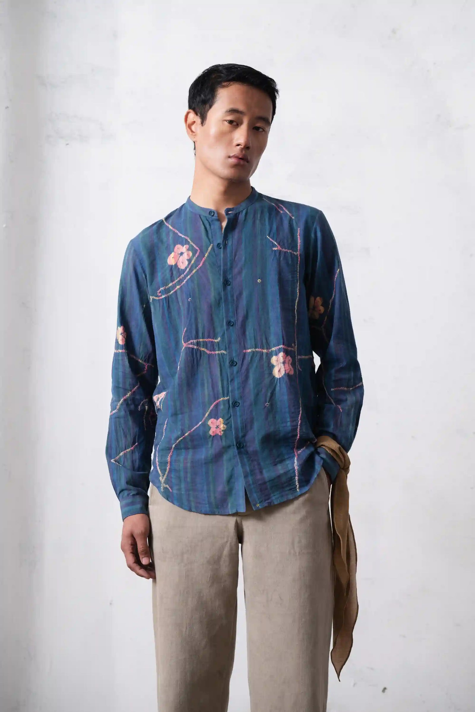 Sky Indigo Cotton Silk Striped Shirt