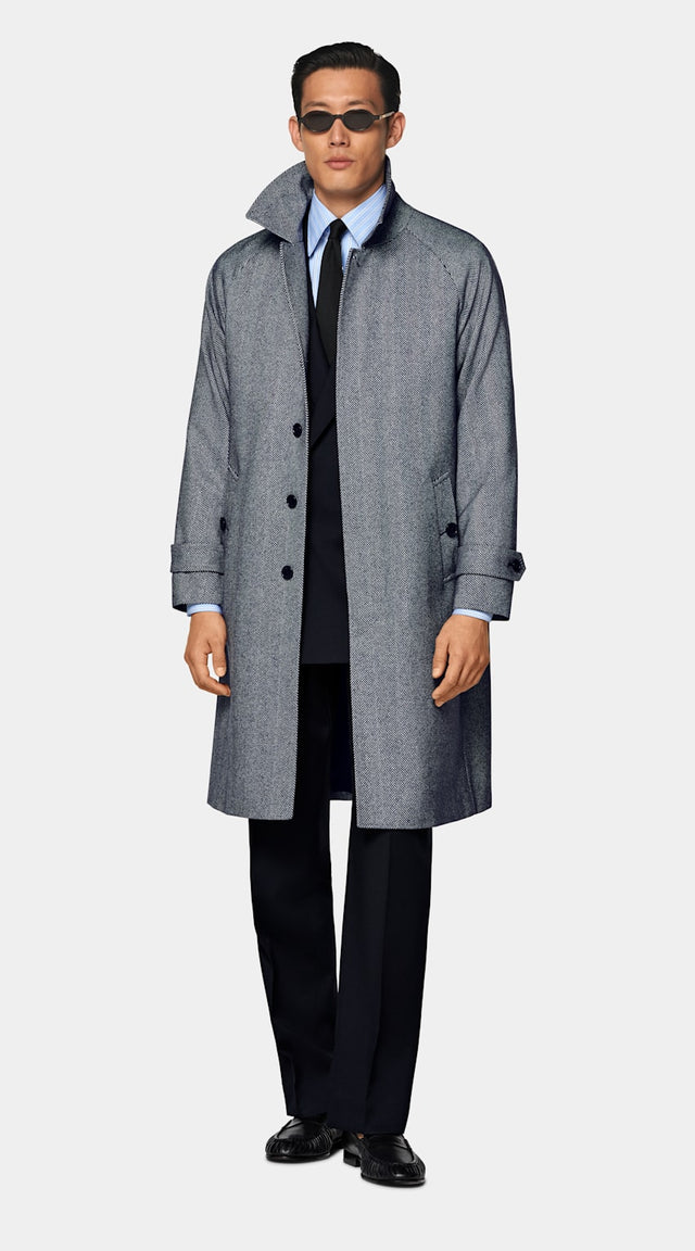 Navy Herringbone Relaxed Raglan Overcoat