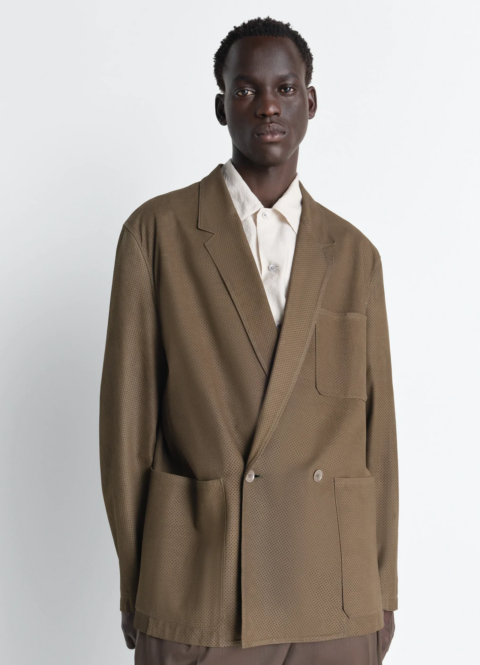 Double Breasted Leather Tailored Jacket In Nubuck