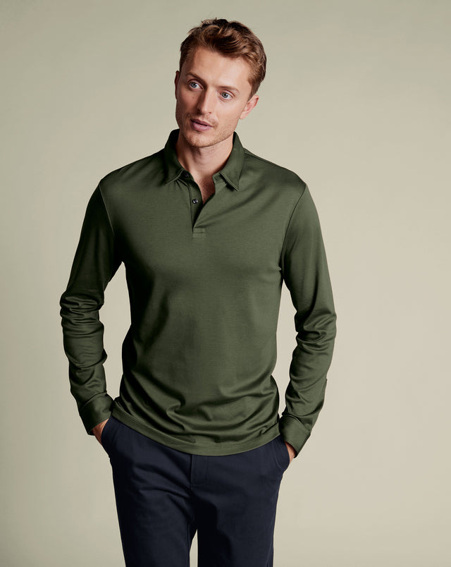Long Sleeve Smart Cotton Polo – Olive Green