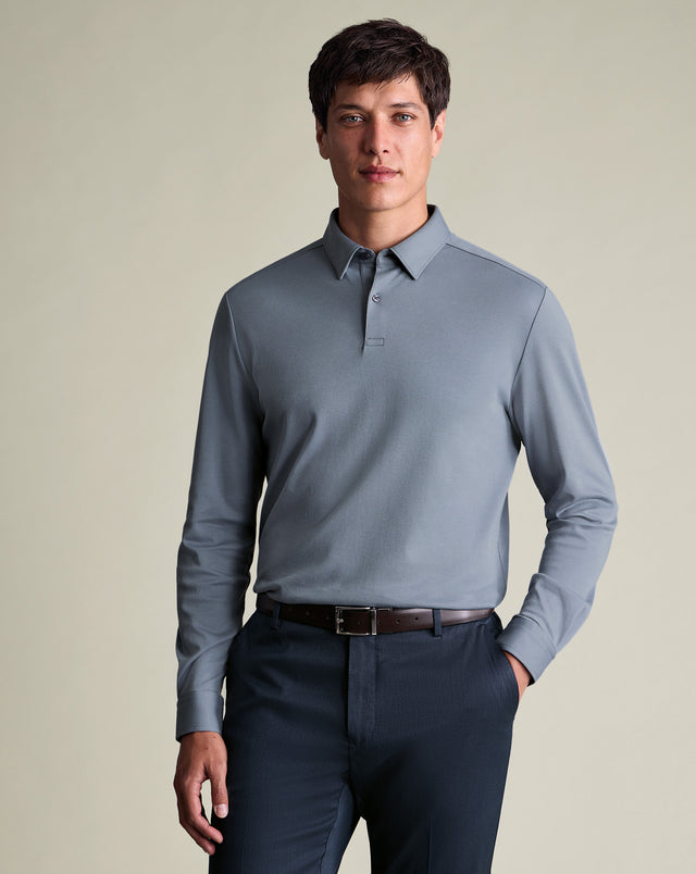 Long Sleeve Smart Cotton Polo – Steel Blue