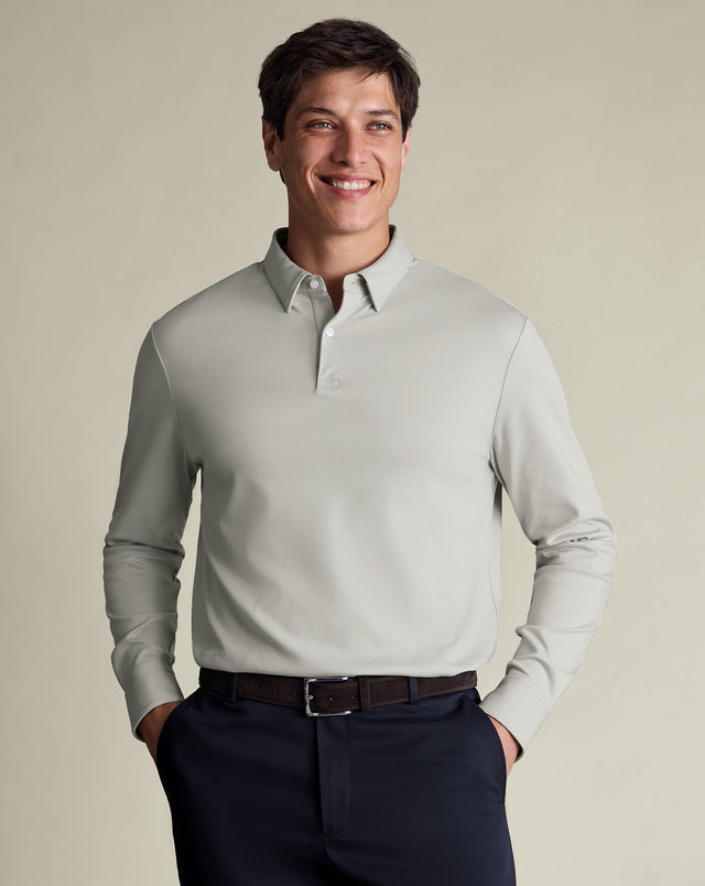 Long Sleeve Smart Cotton Polo - Silver Grey