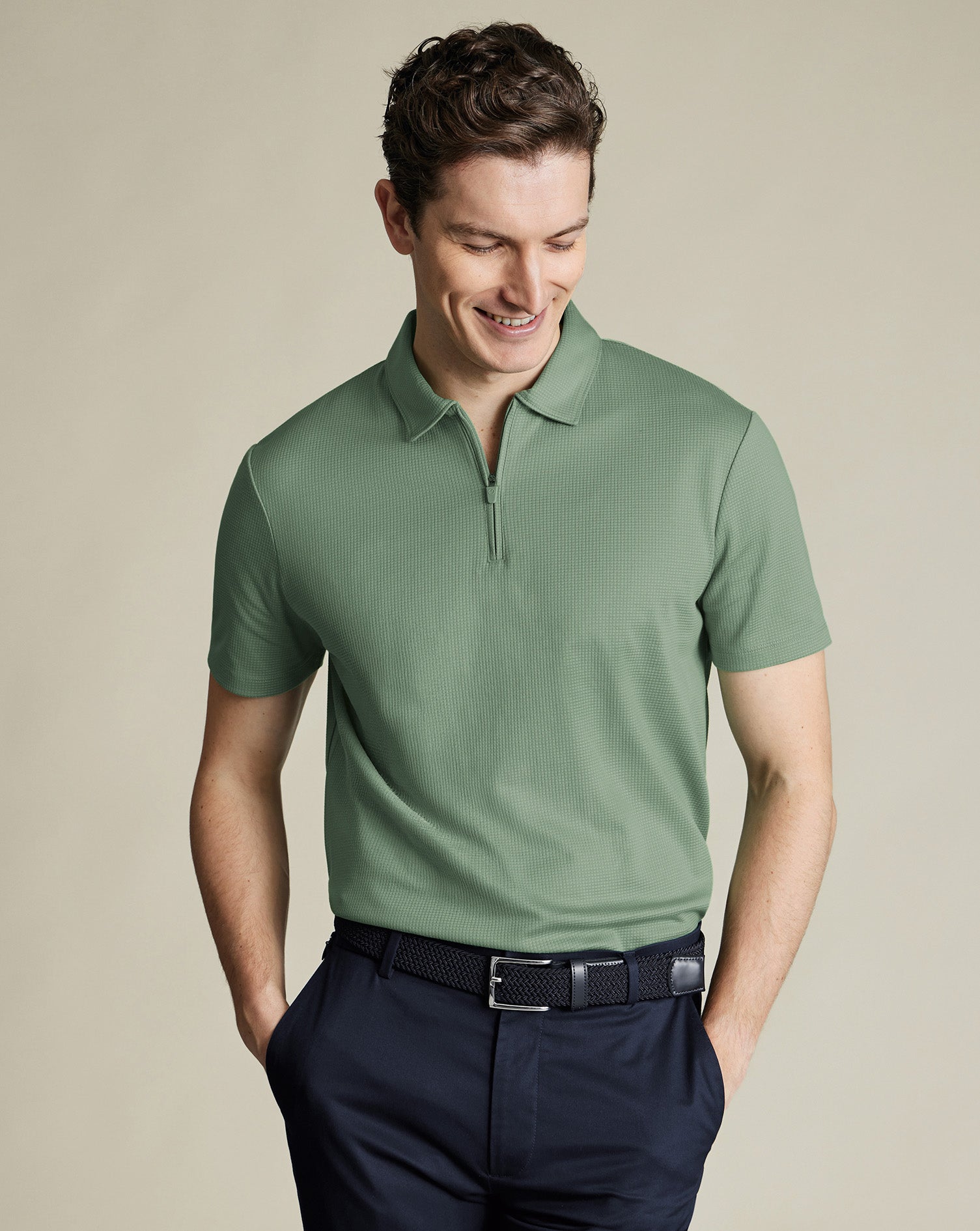 Performance Textured Zip Neck Polo Green