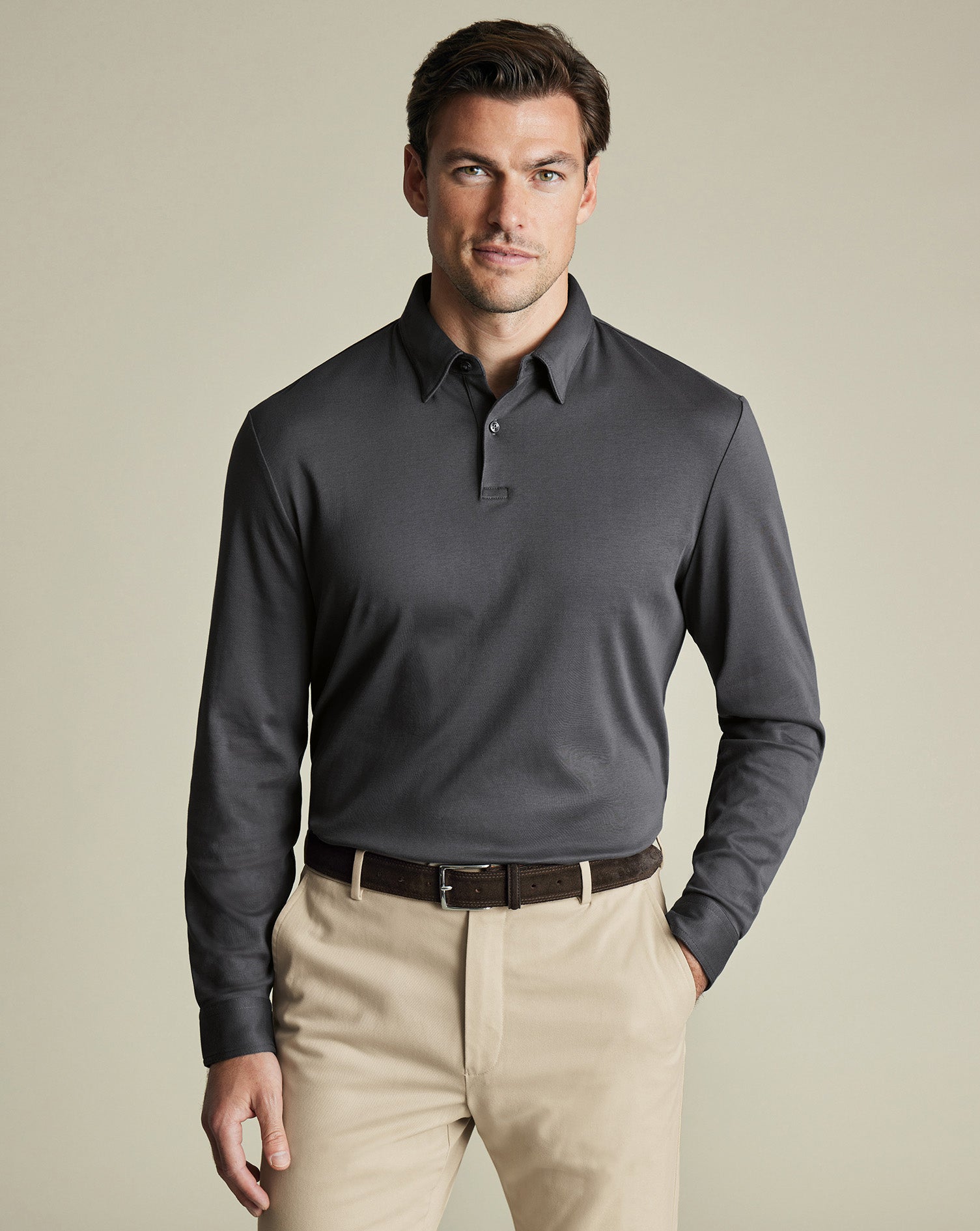 Long Sleeve Smart Cotton Polo Gray