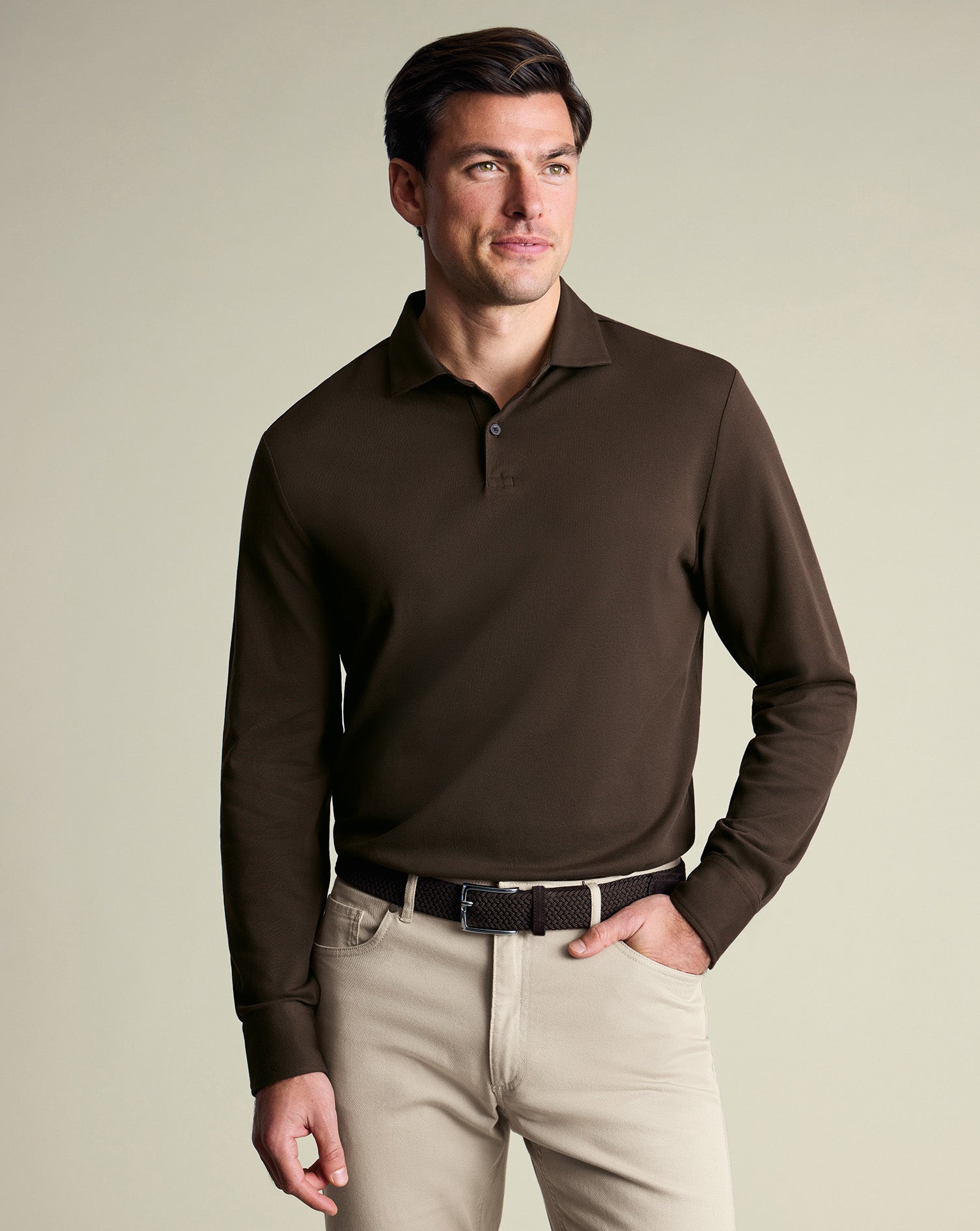 Long Sleeve Smart Pique Polo Brown