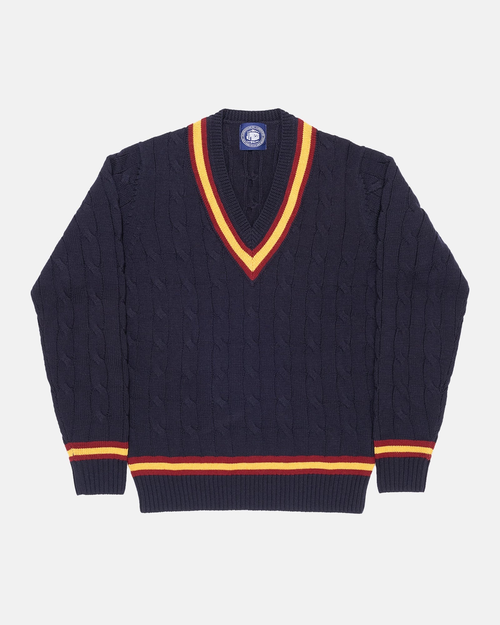 Made In England Cable Knit Merino Wool Cricket Sweater
