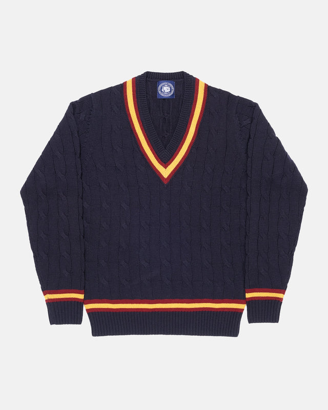 Made In England Cable Knit Merino Wool Cricket Sweater
