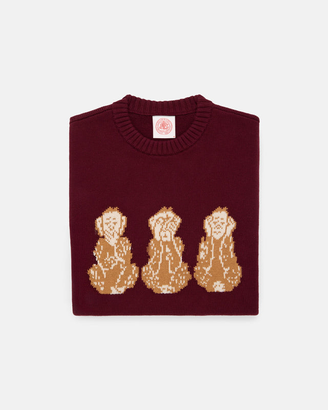 Three Wise Monkeys Intarsia Knit Cotton Sweater