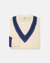 Made In England Purple Green Cable Knit Wool Cricket Sweater