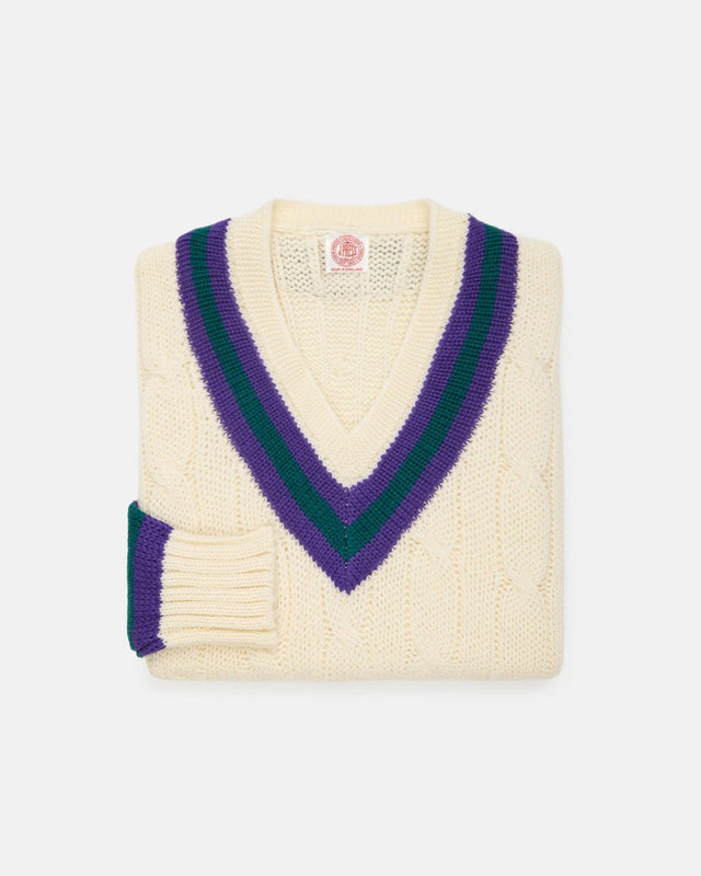 Made In England Purple Green Cable Knit Wool Cricket Sweater