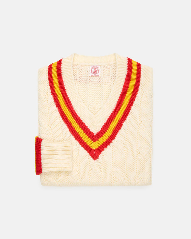 Made In England Red Yellow Cable Knit Wool Cricket Sweater